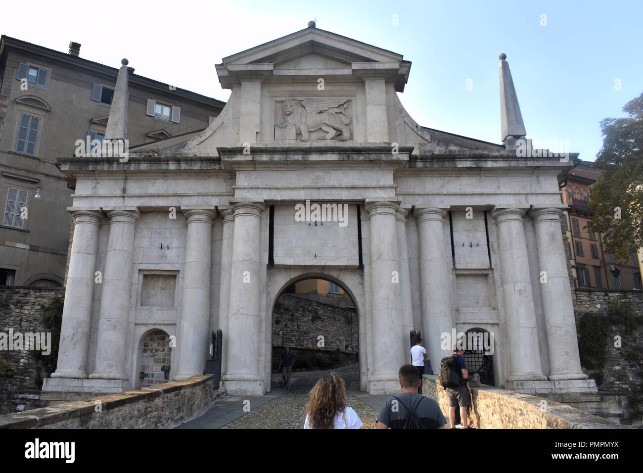 Italy, the lovely medieval city of Bergamo.  The beautiful  Porta San Giacomo, a gateway through the Venetian City walls to the charming  old town. Stock Photo