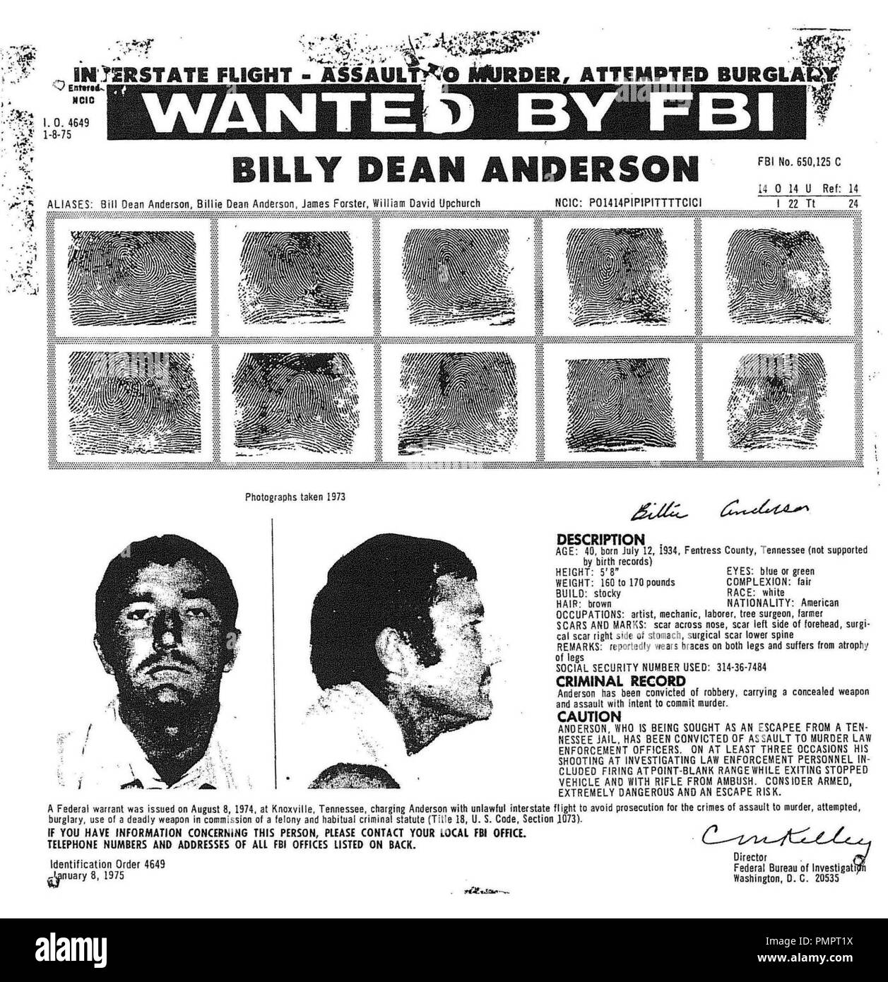 Billy Dean Anderson (wanted poster). Stock Photo