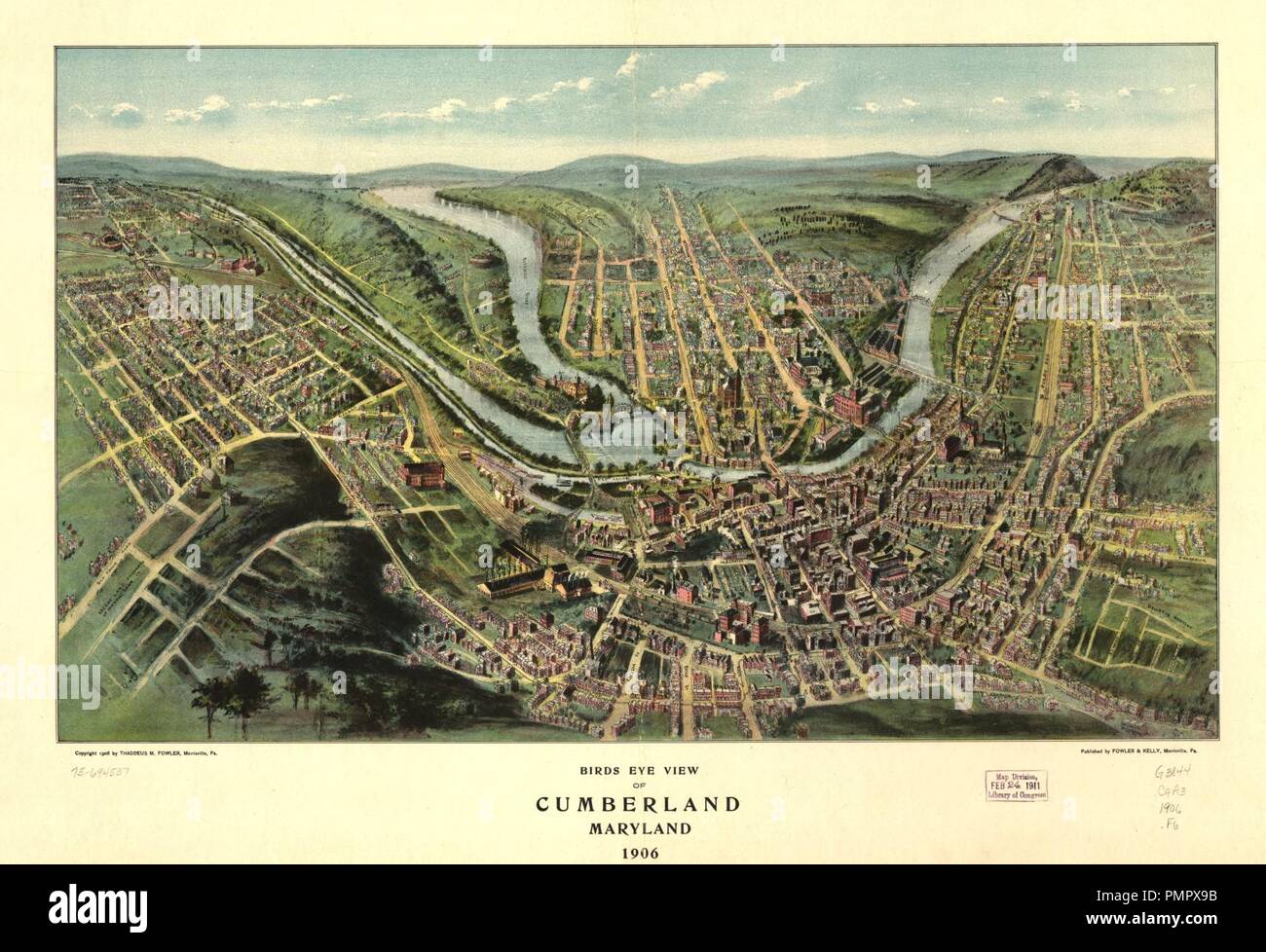 Bird's eye view of Cumberland, Maryland 1906. Stock Photo