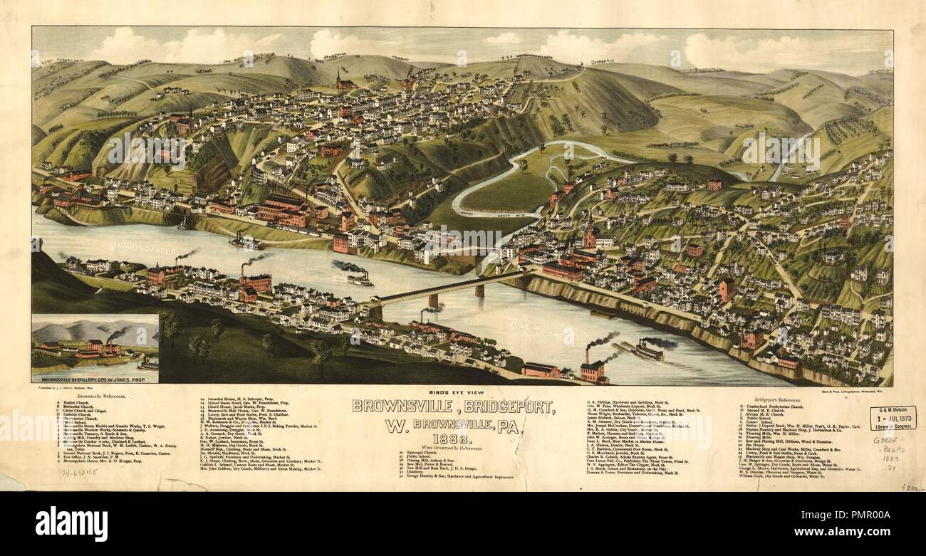 Bird'seyeview Brownsville, Bridgeport, W. Brownsville, Pa. 1883 Stock