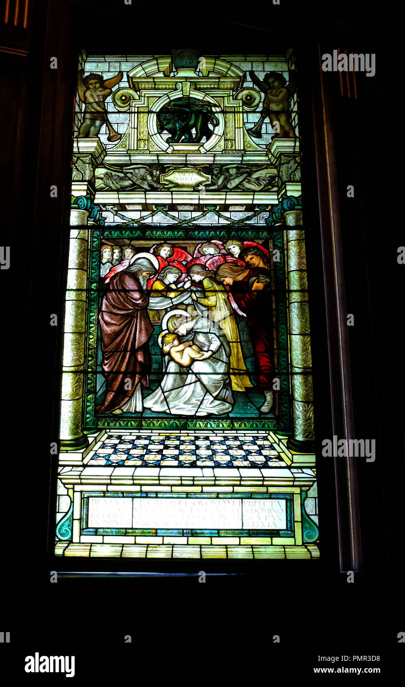 Birth of Jesus on a stained glass window in the Chapel at Castle Howard, North Yorkshire, England UK Stock Photo