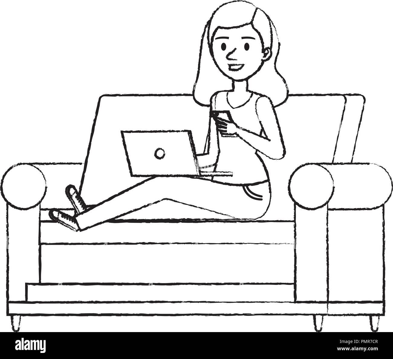 young woman at sofa with laptop and smartphone vector illustration ...