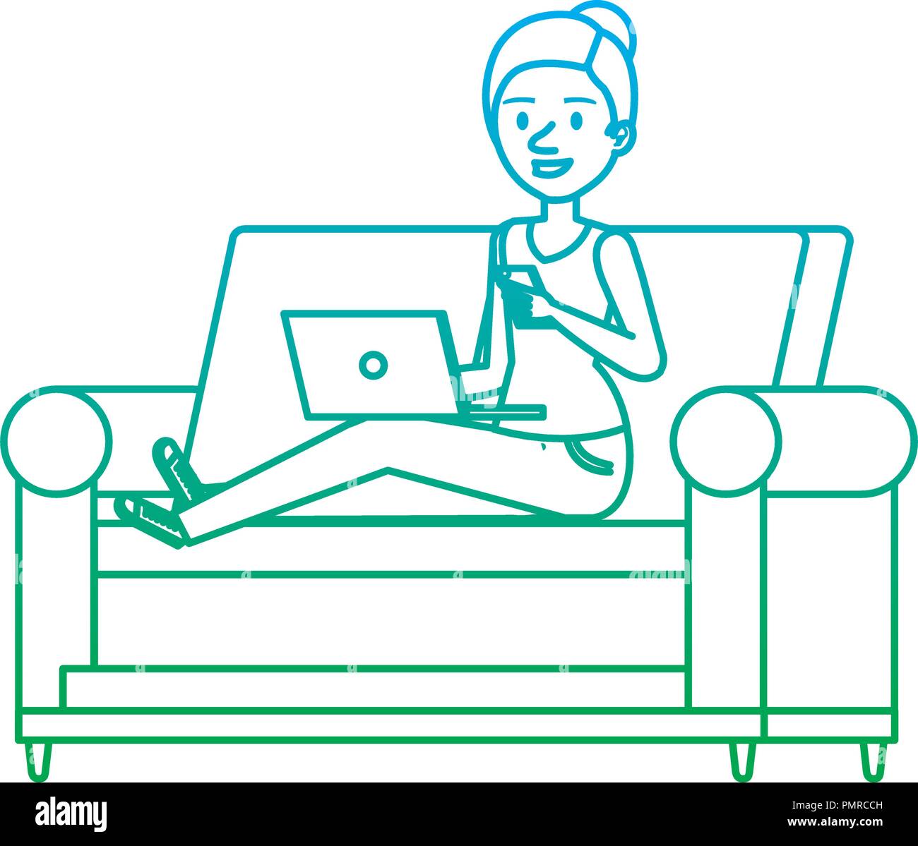 young woman at sofa with laptop and smartphone vector illustration ...