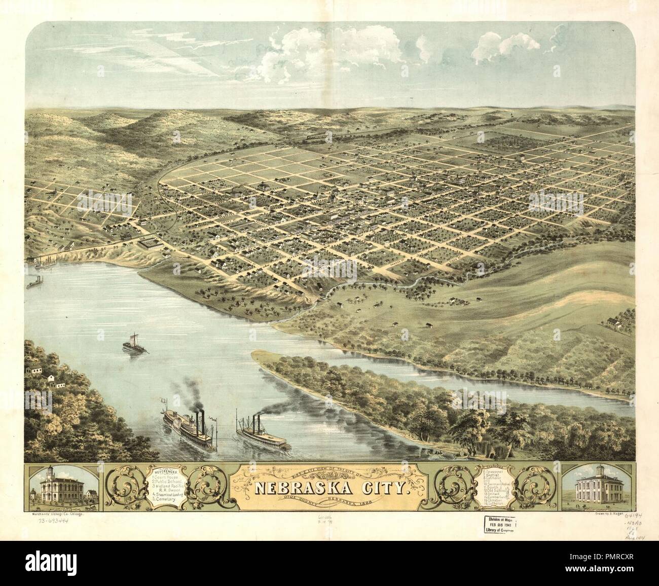 Bird's eye view of the city of Nebraska City, Otoe County, Nebraska 1868. Stock Photo