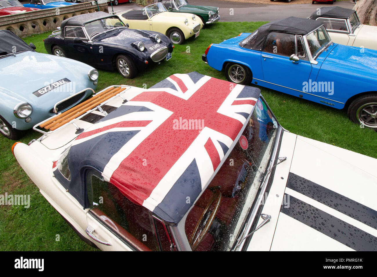 The 60th year of the Austin Healey Sprite was celebrated by the Midget and Sprite Club with a Spridget 60 weekend at Wroxall Abbey near Warwick, Stock Photo