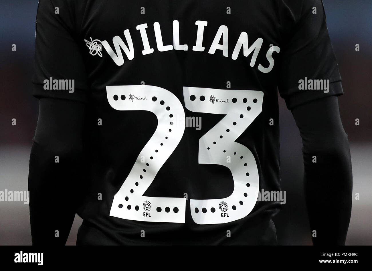 A general view of the Mind Charity detailing on the back of Rotherham United's Ryan Williams shirt during the Sky Bet Championship match at Villa Park, Birmingham. PRESS ASSOCIATION Photo. Picture date: Tuesday September 18, 2018. See PA story SOCCER Villa. Photo credit should read: Simon Cooper/PA Wire. RESTRICTIONS: EDITORIAL USE ONLY No use with unauthorised audio, video, data, fixture lists, club/league logos or 'live' services. Online in-match use limited to 120 images, no video emulation. No use in betting, games or single club/league/player publications. Stock Photo