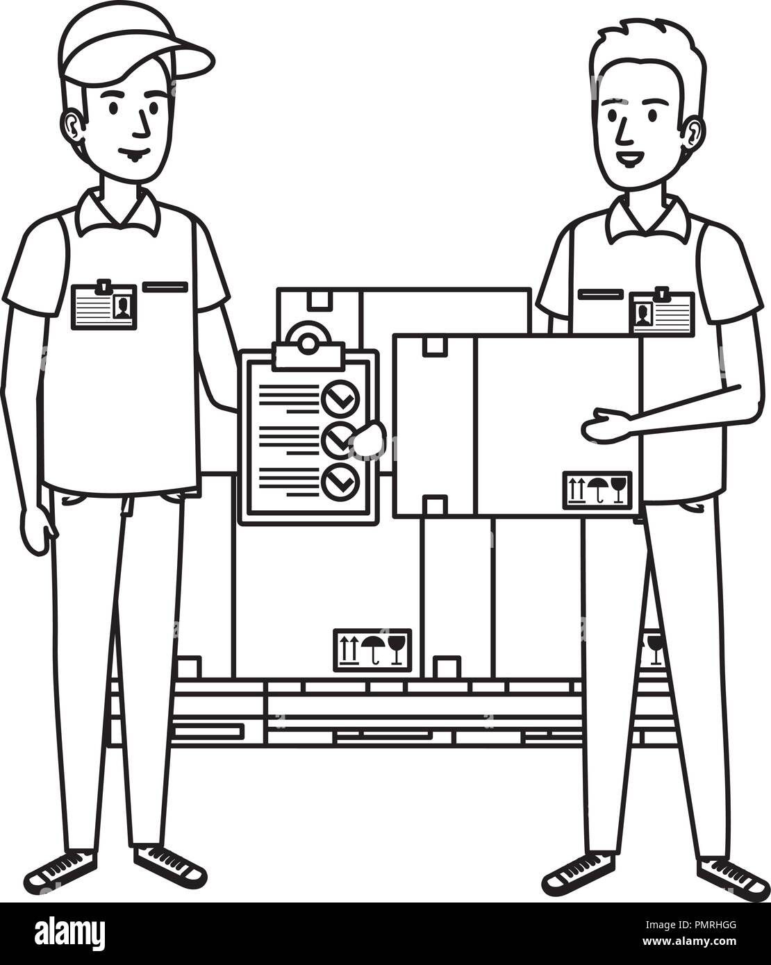 delivery workers with pile boxes and checklist vector illustration design Stock Vector