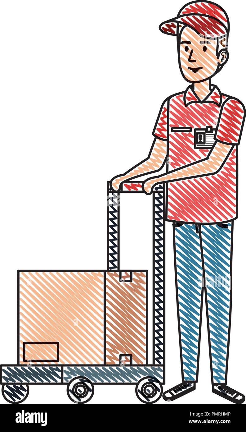 delivery worker with cart and box vector illustration design Stock ...