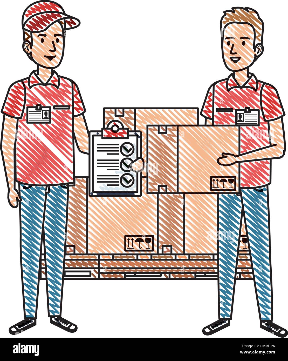 delivery workers with pile boxes and checklist vector illustration design Stock Vector