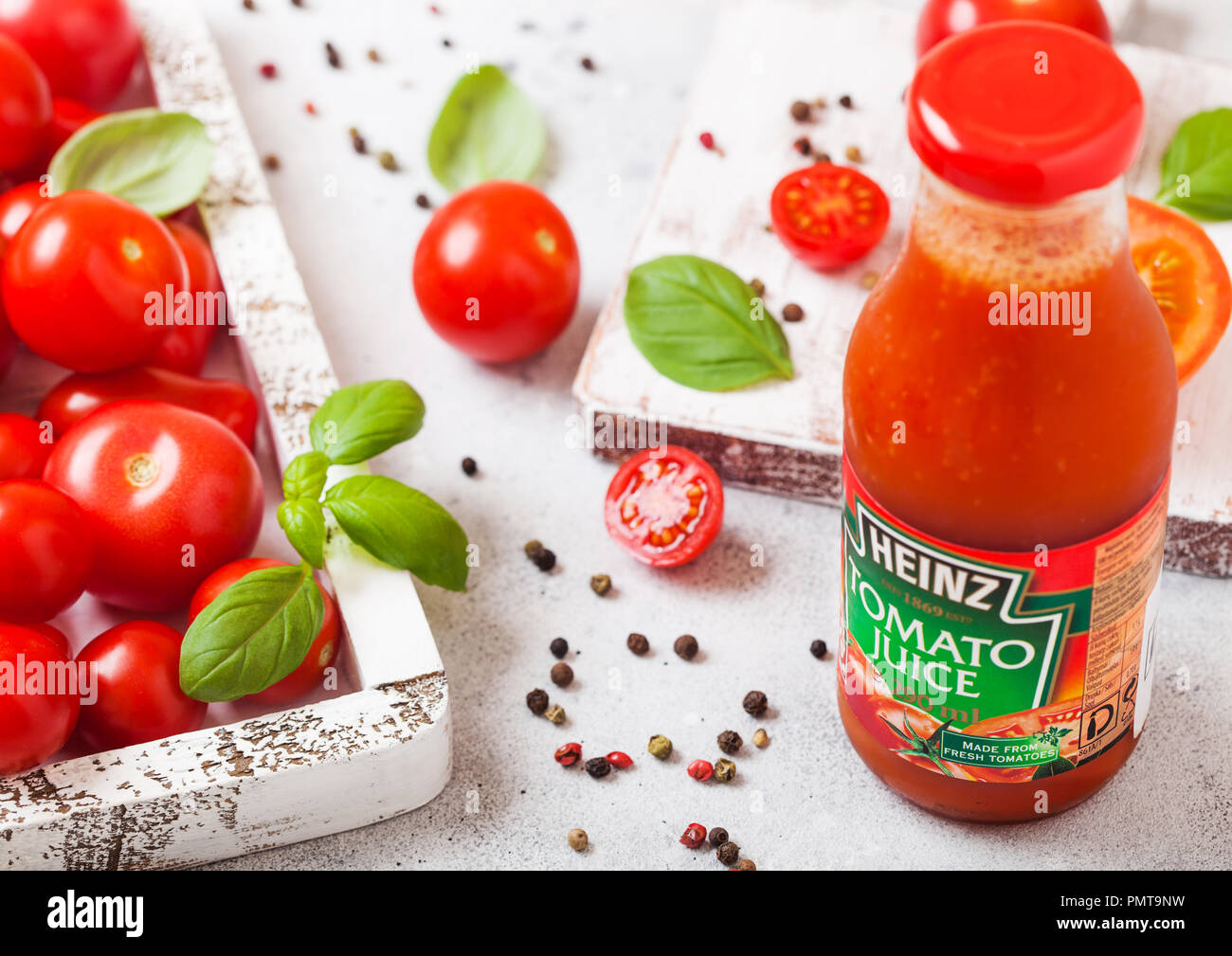 LONDON, UK SEPTEMBER 13, 2018 Heinz tomato juice with fresh raw