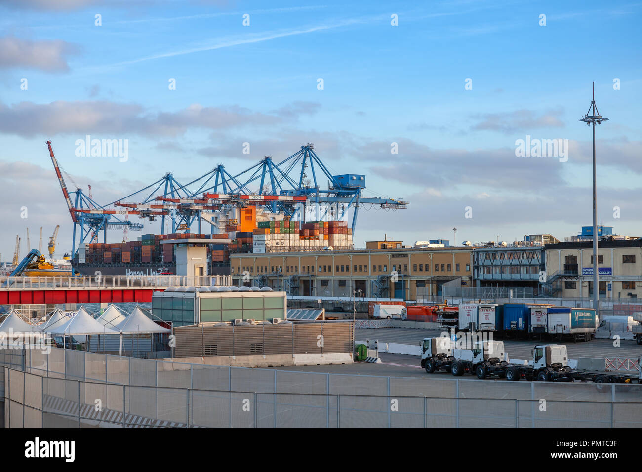 Genova, Italy - January 18, 2018: Genova port view with blue gantry cranes Stock Photo