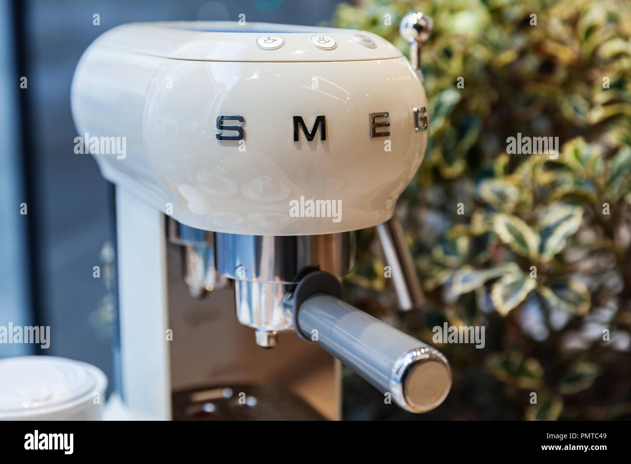 Milan, Italy - January 19, 2018: Espresso Coffee maker by Smeg. It is an Italian manufacturer of upmarket domestic appliances Stock Photo