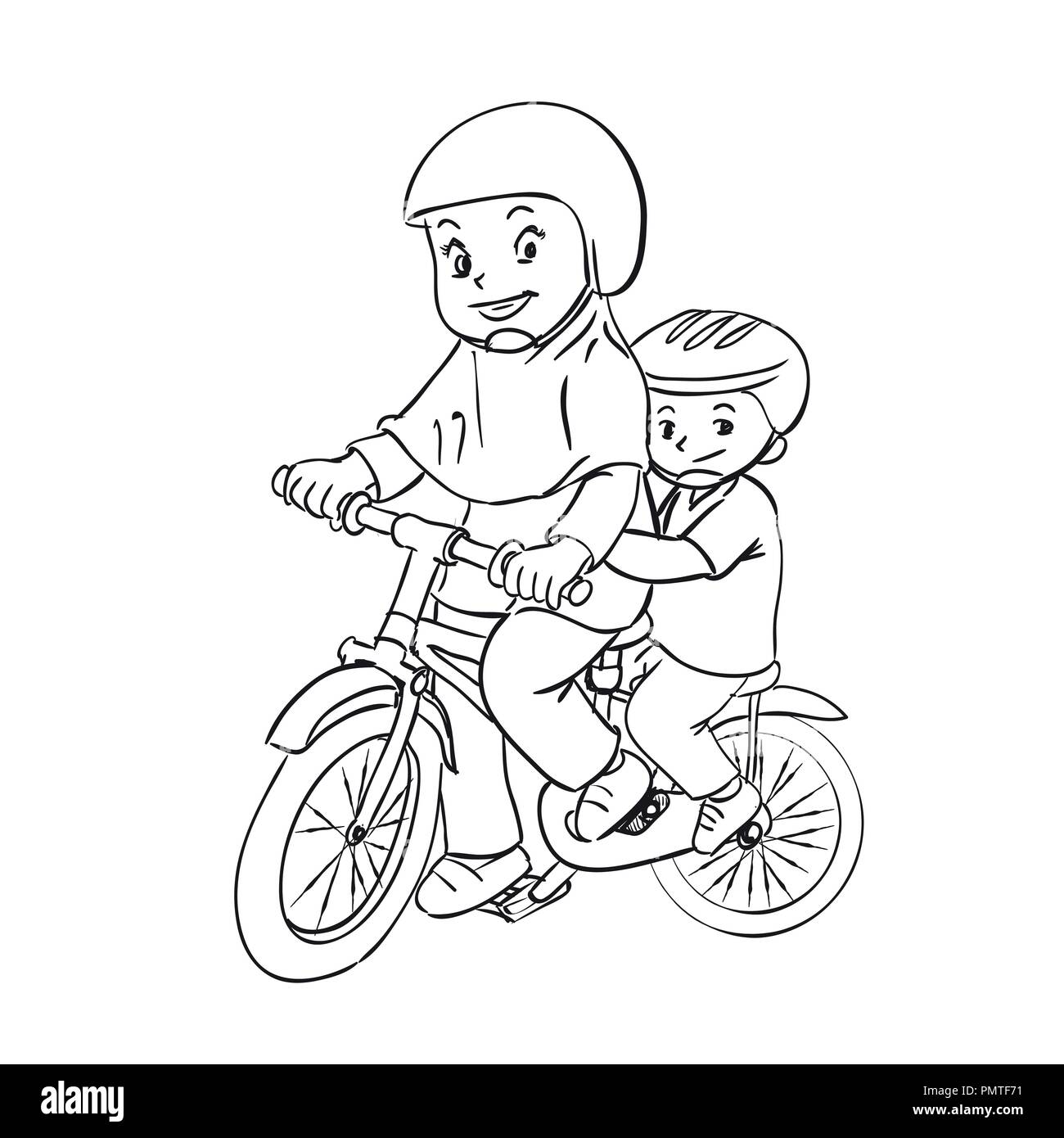 Children are biking Cartoon Illustration, girl and boy are ride bicycle, Hand drawn for coloring book, education concept - Vector Illustration. Stock Vector