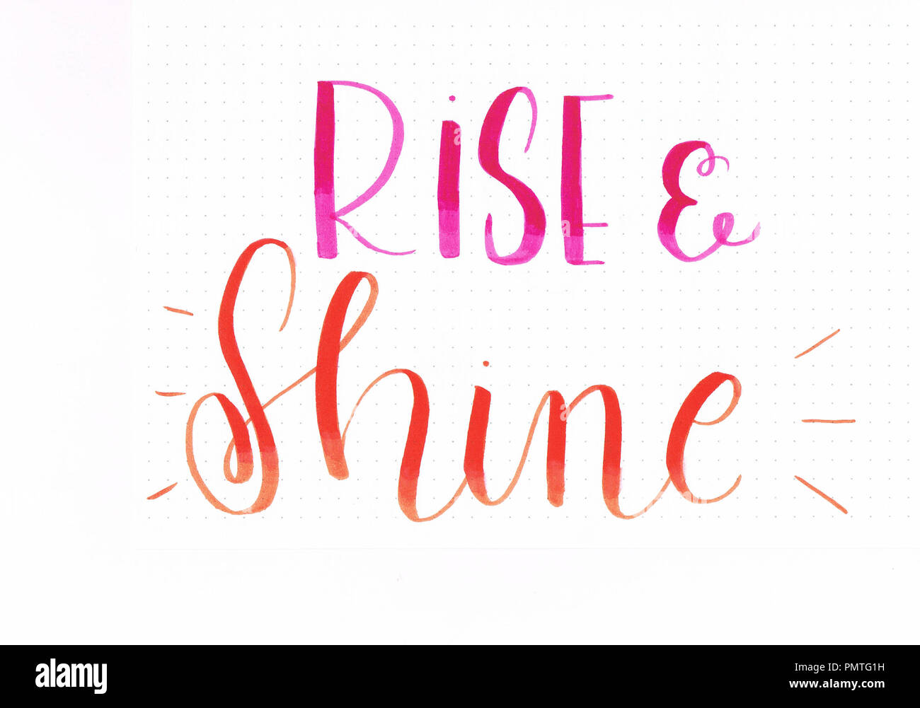 "Rise and Shine" motivational hand lettering phrase in pink and orange