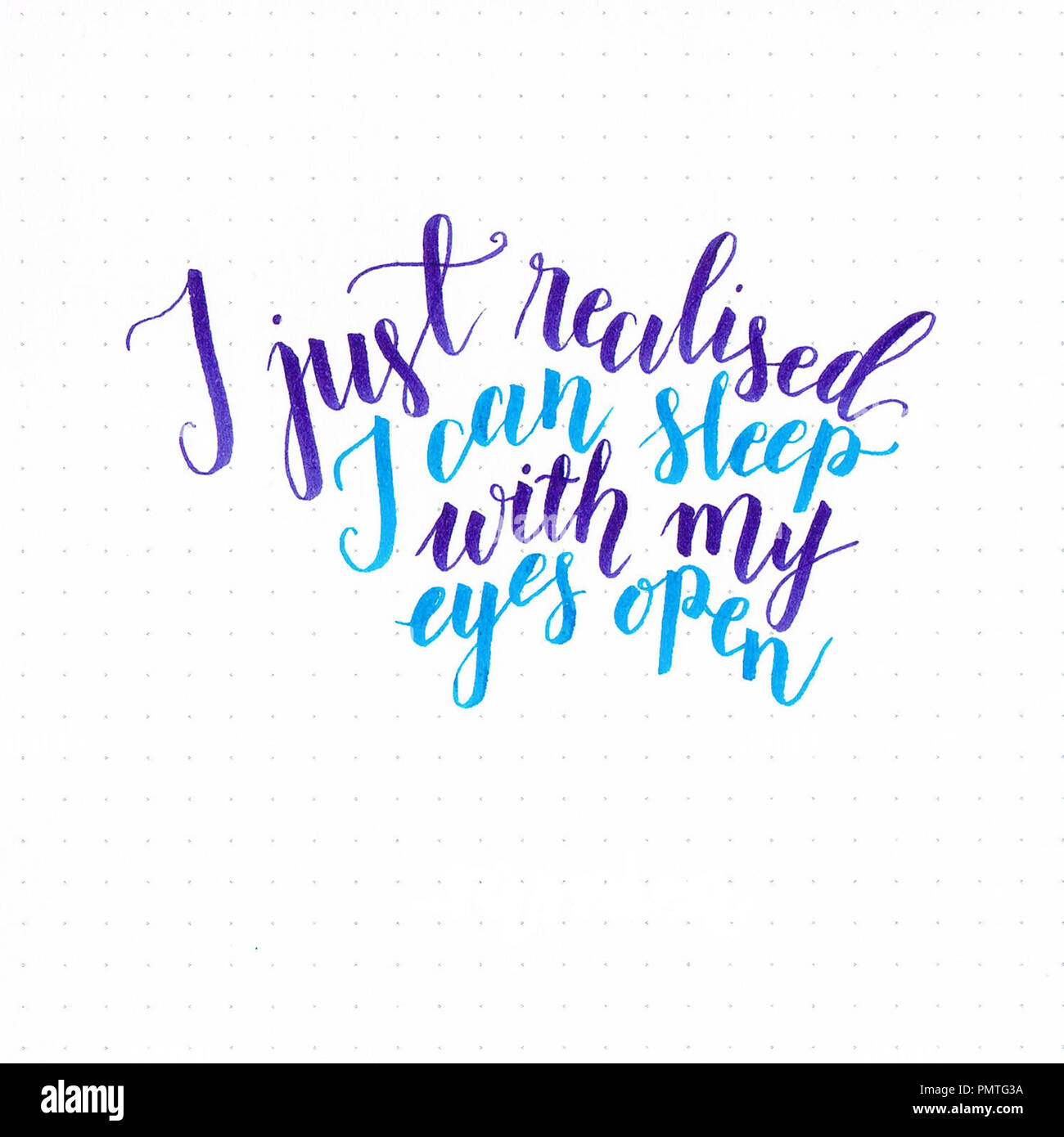 'I just realised I can sleep with my eyes open' hand lettering design in purple and blue with flourishes Stock Photo