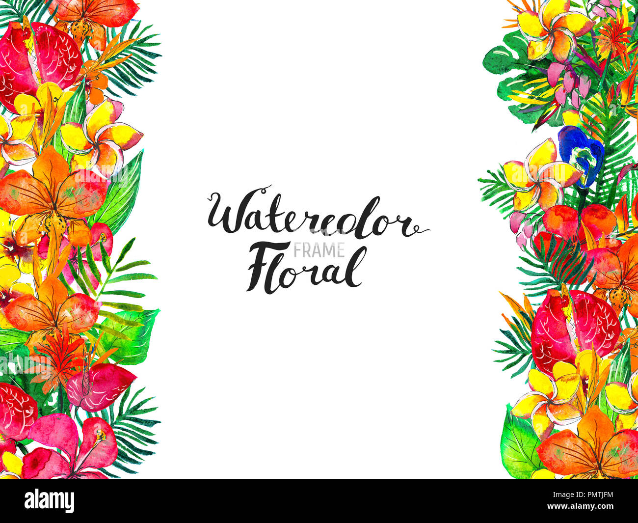 Watercolor Background with tropical plants and flowers Stock Photo - Alamy