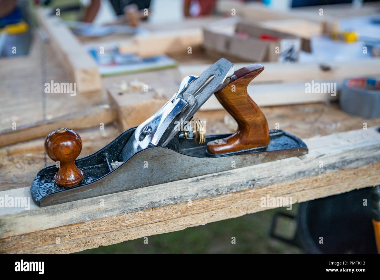 Woodworking carpenter's wood shaving plane and tools Stock Photo - Alamy