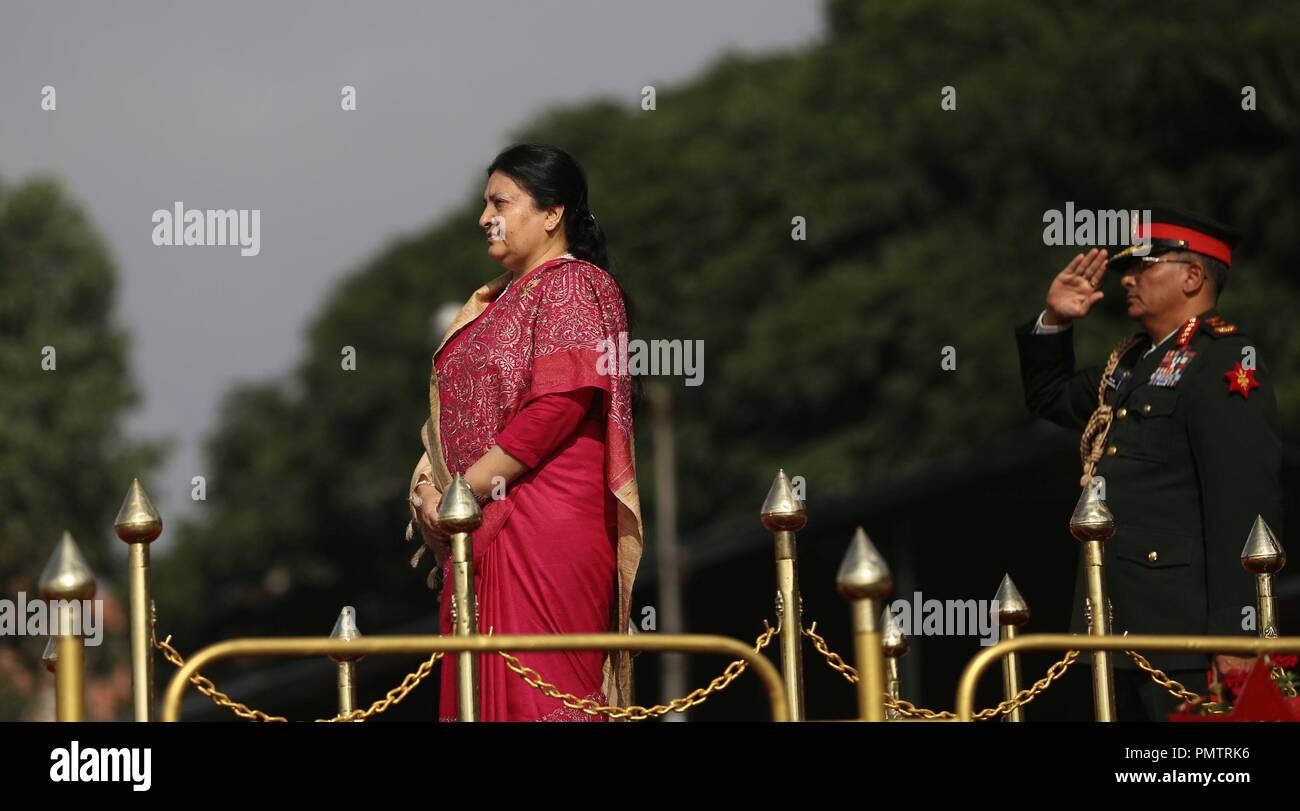 Kathmandu, Nepal. 19th Sep, 2018. Nepalese President Bidhya Devi Bhandari takes part in a special function celebrating the Constitution Day at Nepal Army Pavilion in Kathmandu, Nepal, Sept. 19, 2018. Nepal, on Wednesday, observed the third Constitution Day also known as the National Day, marking the anniversary of the promulgation of the landmark constitution. Credit: Sunil Sharma/Xinhua/Alamy Live News Stock Photo