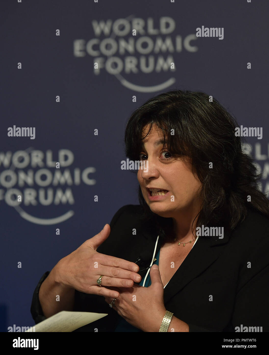 (180919) -- TIANJIN, Sept. 19, 2018 (Xinhua) -- Mariette DiChristina, editor-in-chief of Scientific American of the United States, speaks at a press conference on 'the Top Ten Emerging Technologies' during the Summer Davos Forum held in Tianjin, north China, Sept. 19, 2018. (Xinhua/Yue Yuewei)(ly) Stock Photo