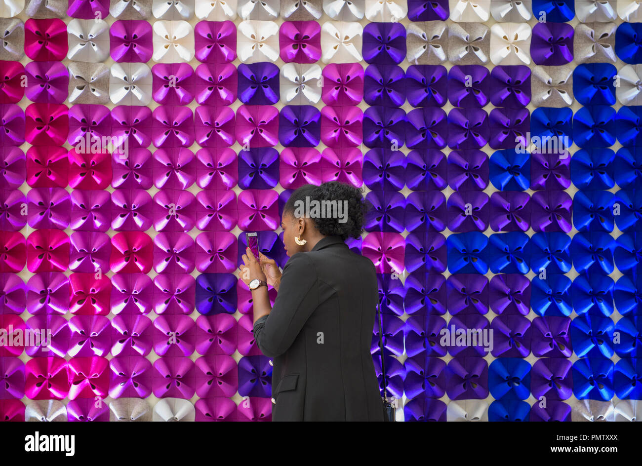 Olympia, London, UK. 19 September, 2018. 100% Design, the largest and longest-running design trade event for industry professionals in the UK, opens at Olympia with over 400 leading brands exhibiting at the heart of the West Kensington Design District. Photo: AKQ Designs acoustic wall coverings. Credit: Malcolm Park/Alamy Live News Stock Photo