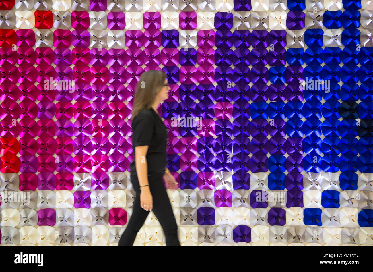 Olympia, London, UK. 19 September, 2018. 100% Design, the largest and longest-running design trade event for industry professionals in the UK, opens at Olympia with over 400 leading brands exhibiting at the heart of the West Kensington Design District. Photo: AKQ Designs acoustic wall coverings. Credit: Malcolm Park/Alamy Live News Stock Photo