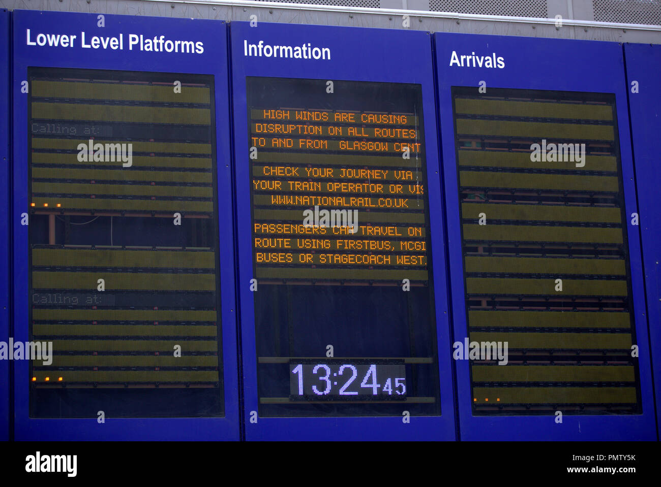 Glasgow, Scotland, UK, 19th September, 2018. UK Weather: Storm Ali appeared in the city overnight bringing wind and rain with an amber be prepared warning from the met office.Scotrail have canceled all trains from the main Glasgow stations, Central station is pictured with its empty travel boards and irate passengers, and are advising travelers to find alternative transport stating train tickets are valid on firstbus. Gerard Ferry/Alamy news Stock Photo