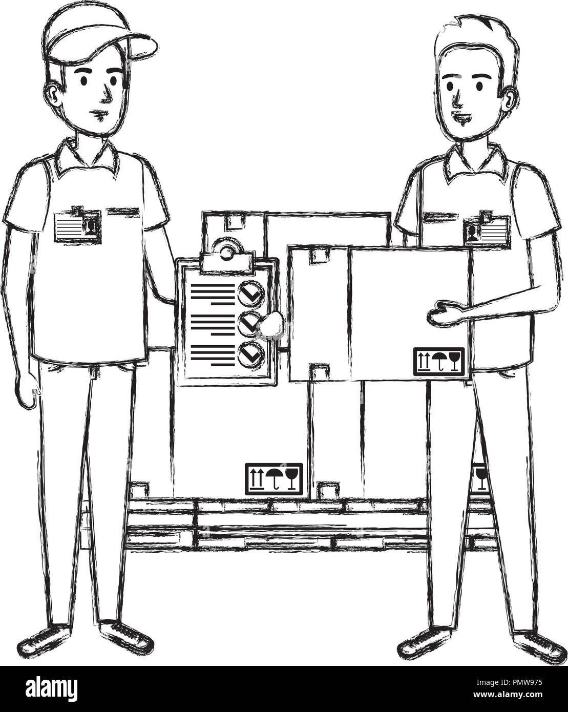 delivery workers with pile boxes and checklist Stock Vector