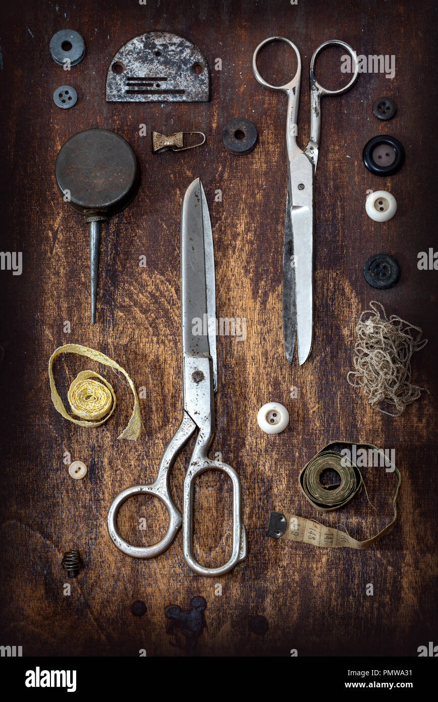 Sewing accessories on wooden table Stock Photo