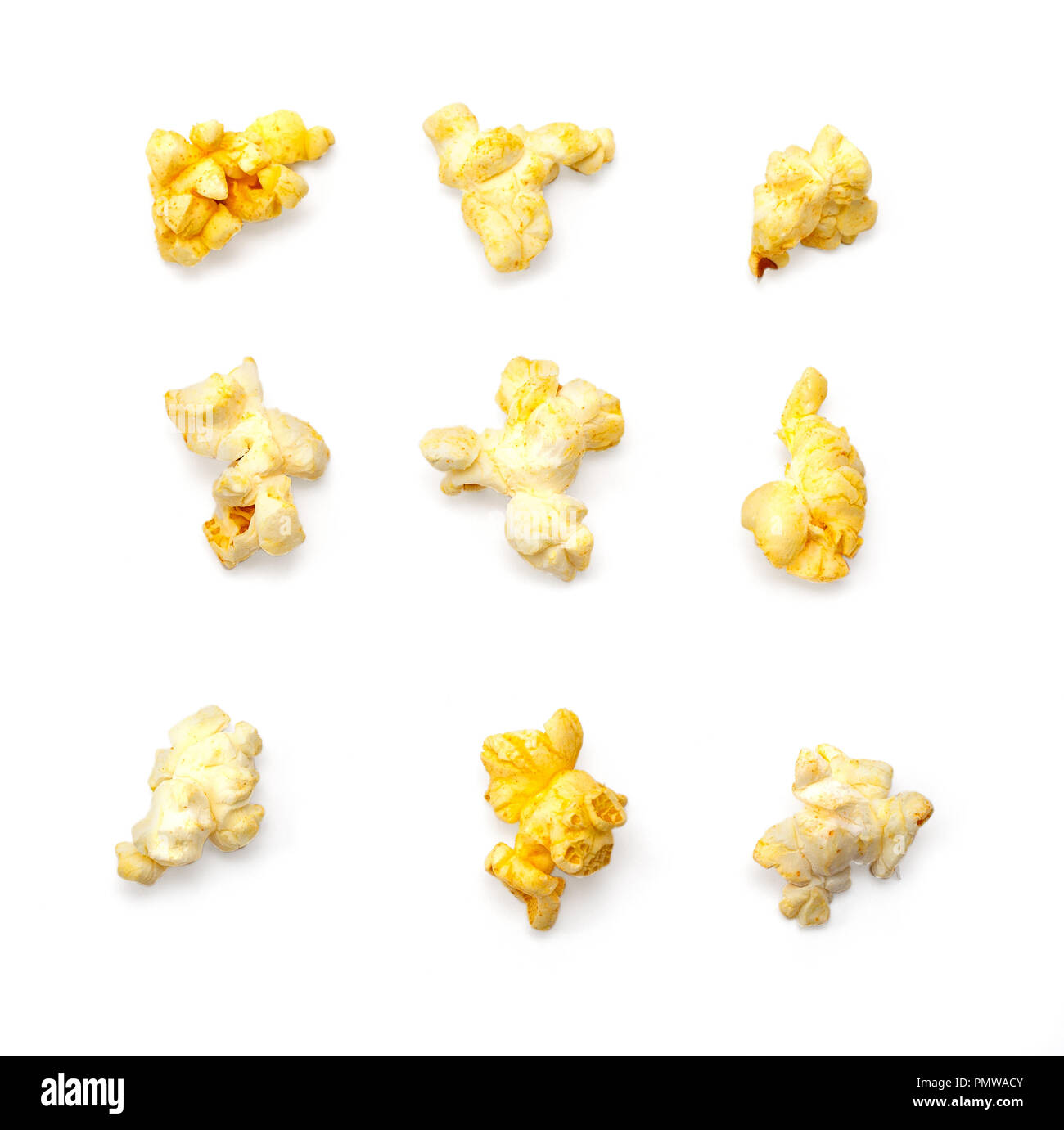 Macro popcorn isolated on white background Stock Photo
