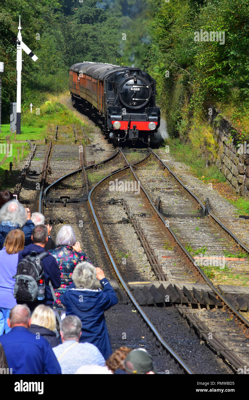 Train arriving Goathland Station on the North Yorkshire Moors railway UK Stock Photo