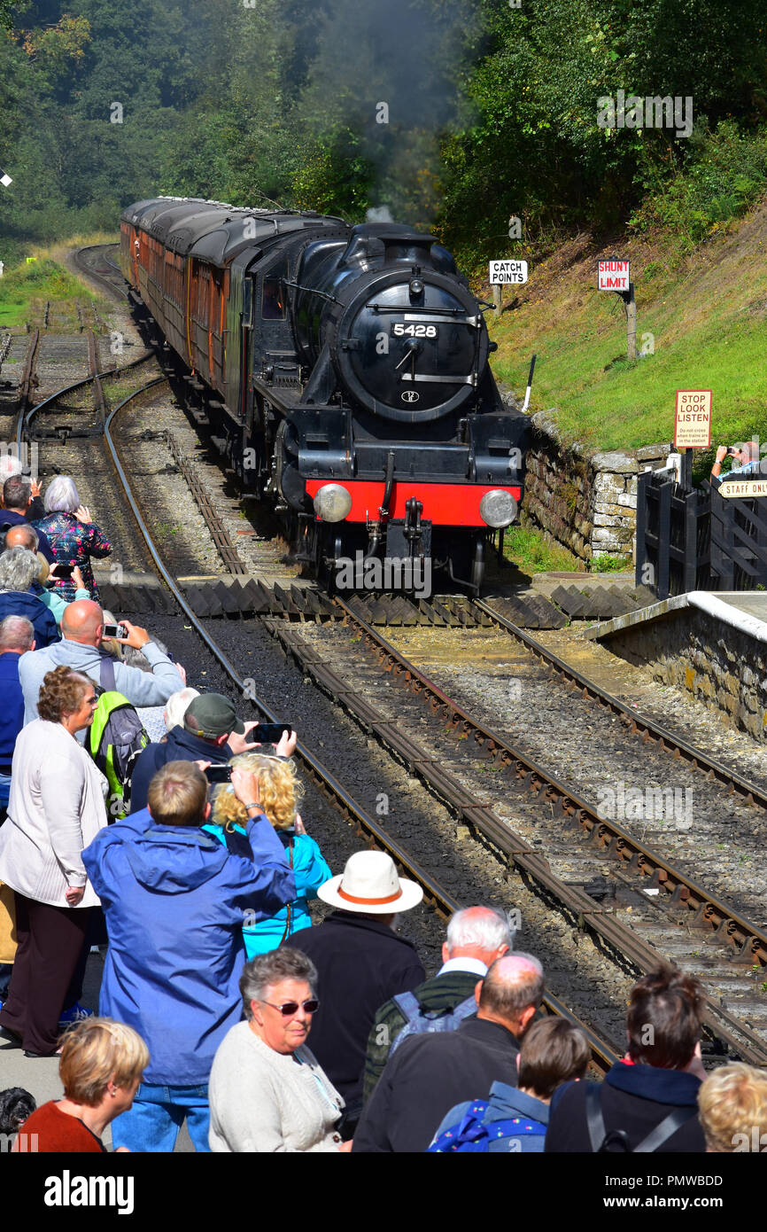 Train arriving Goathland Station on the North Yorkshire Moors railway UK Stock Photo
