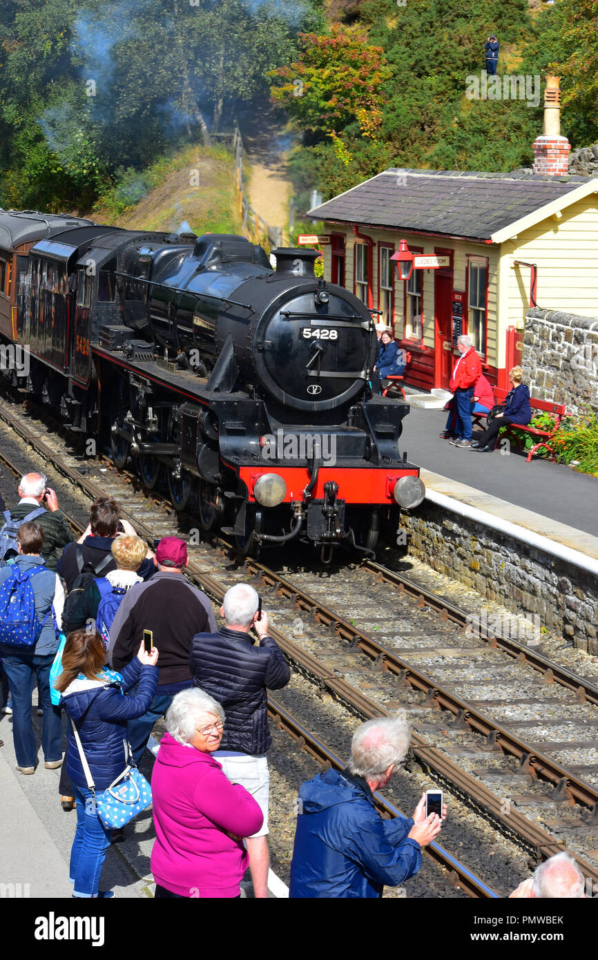 Train arriving at Goathland Station on the North Yorkshire Moors railway UK Stock Photo