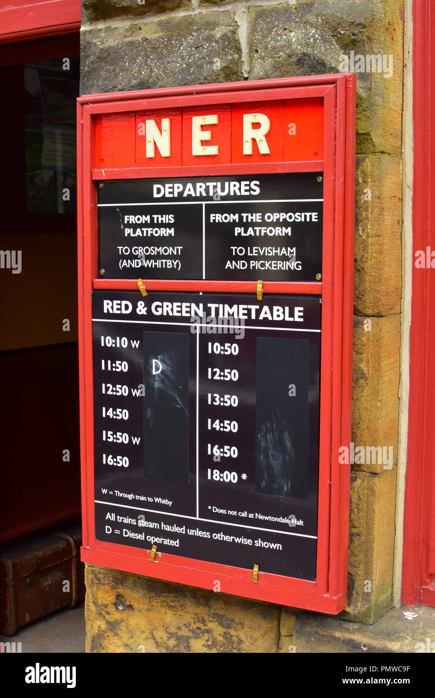 Departures board at Goathland Station on the North Yorkshire Moors railway UK Stock Photo