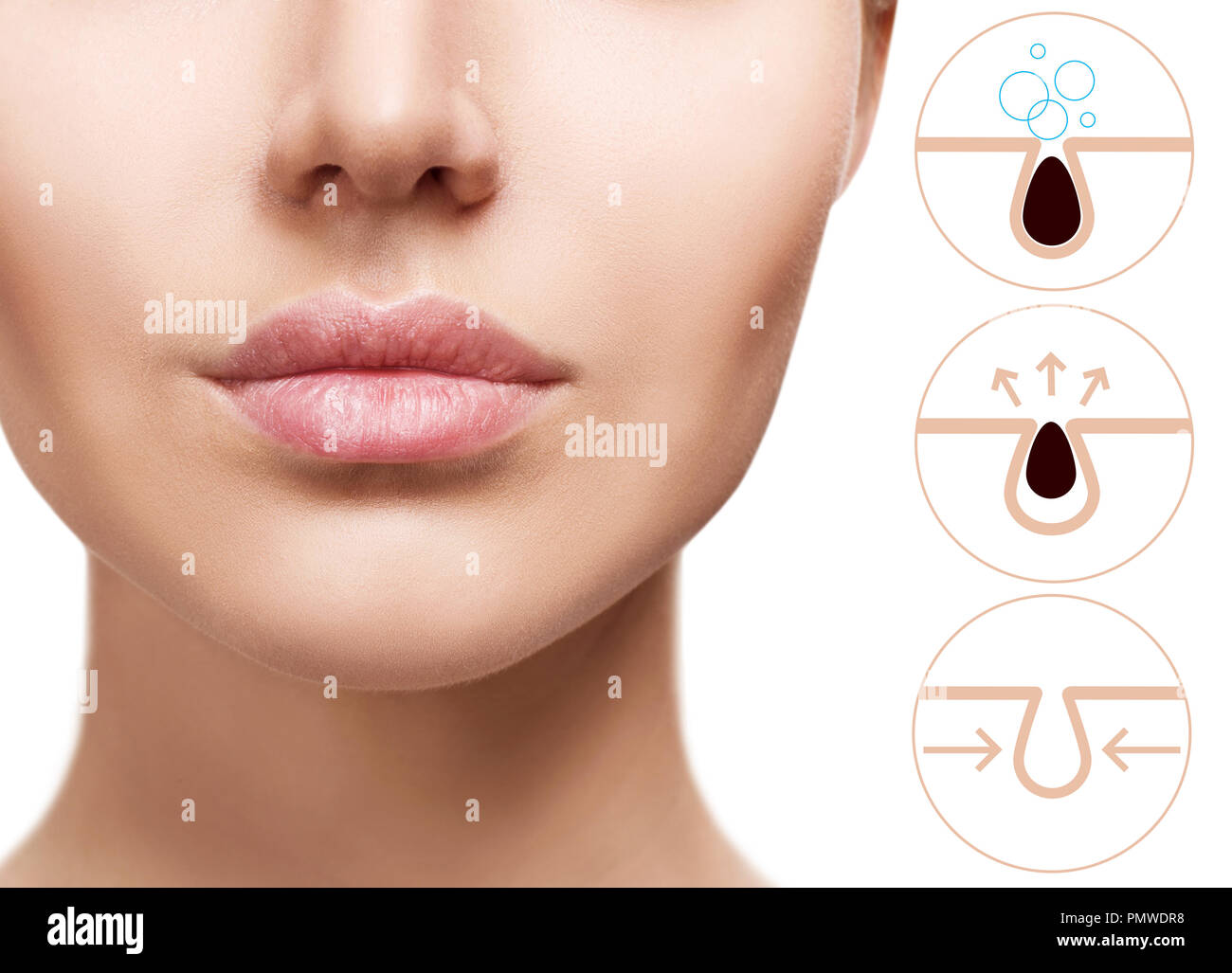 Young woman shows how to pollute and clean the pores on face. Stock Photo