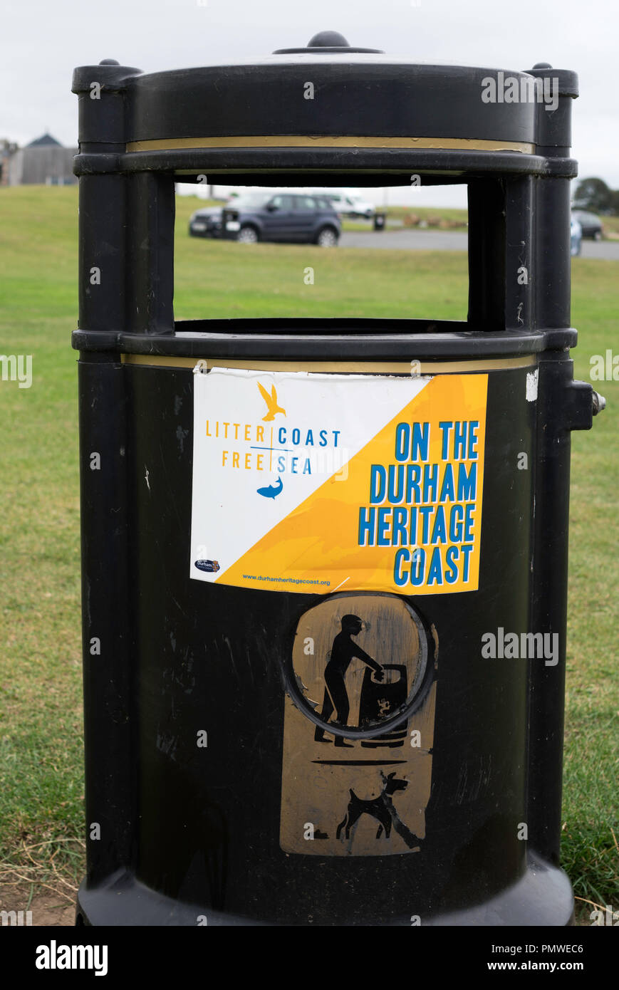 Litter bin with the legend litter free coast, and sea, in Seaham, Co. Durham, England, UK Stock Photo