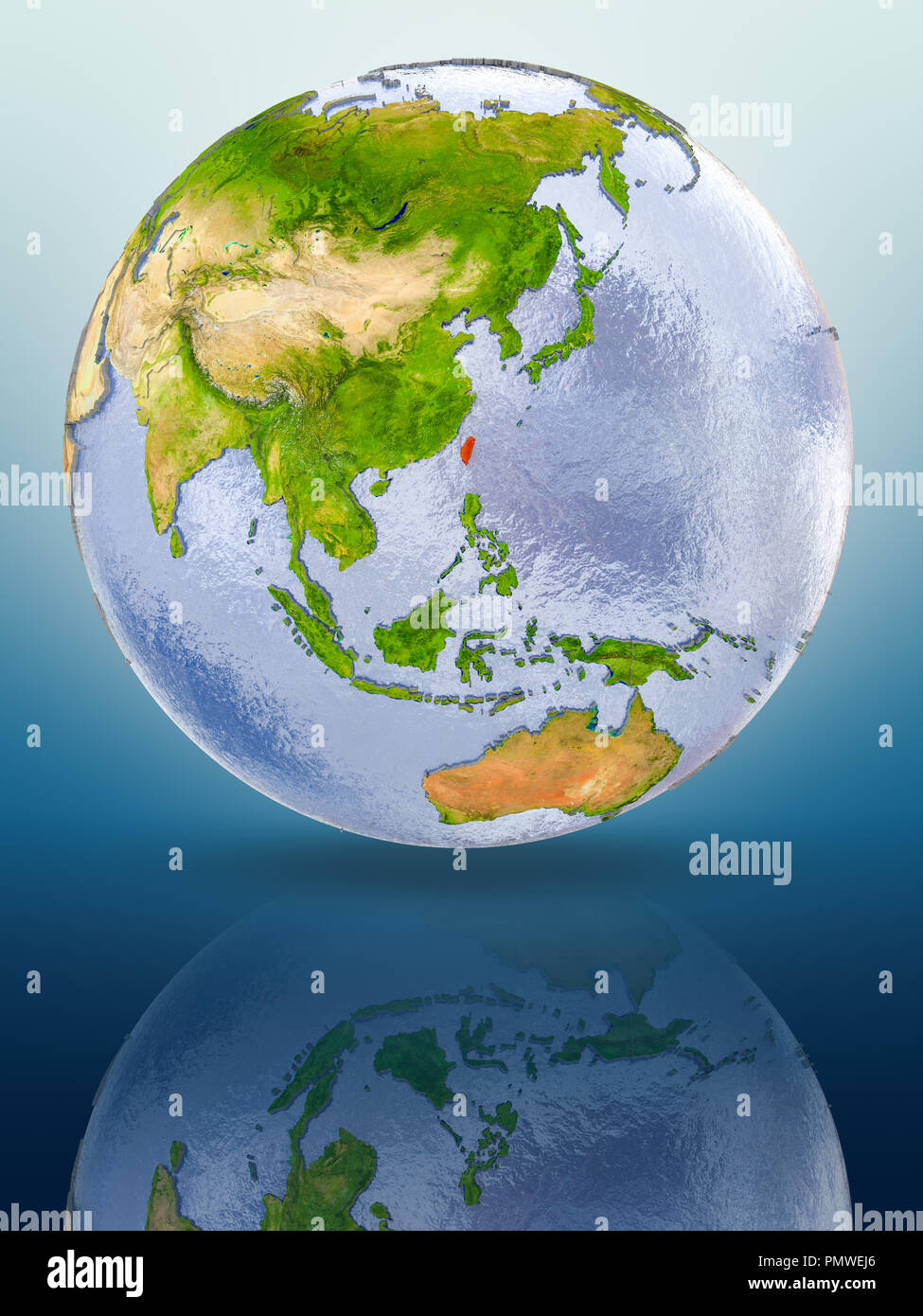 Taiwan In red color on globe reflecting on shiny surface. 3D illustration. Stock Photo