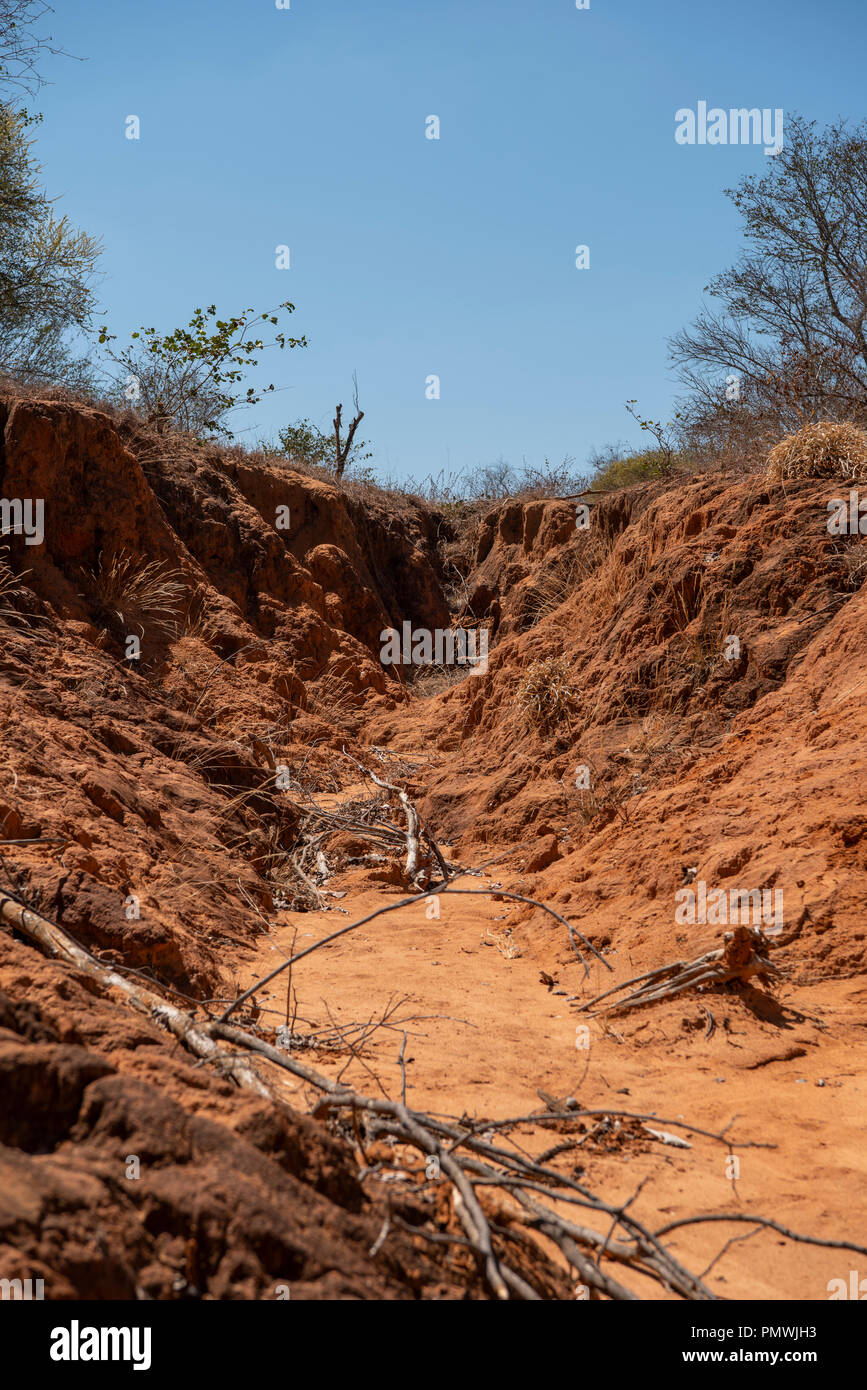 Soil erosion which has occurred due to incorrect road placement Stock Photo