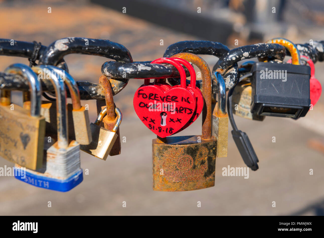 Liverpool Albert Dock area Merseyside Love Locks Padlocks on chain fence 100 year practice WWI Serbia symbolises symbol of love unbreakable Stock Photo