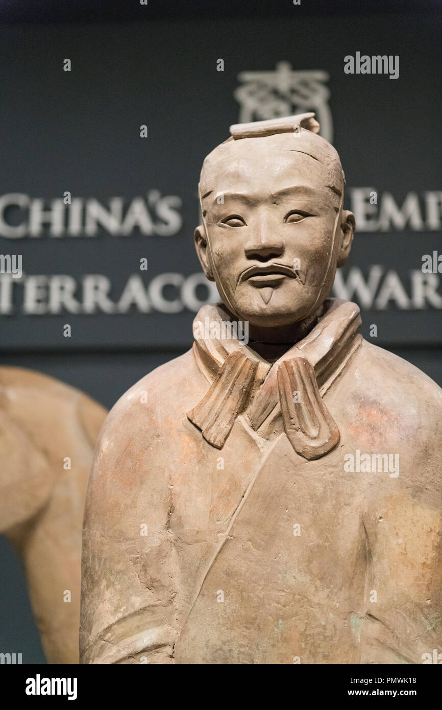 Liverpool William Brown Street World Museum China's First Emperor & The Terracotta Warriors Exhibition soldier warrior sign entrance Stock Photo