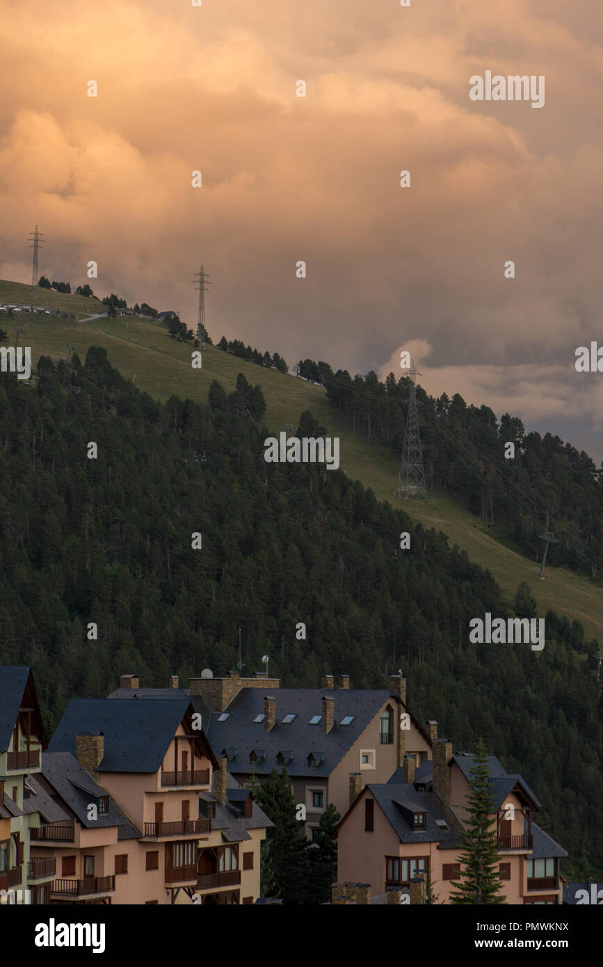 Houses in a mountain village at sunset, Valle de Aran, Spain Stock Photo