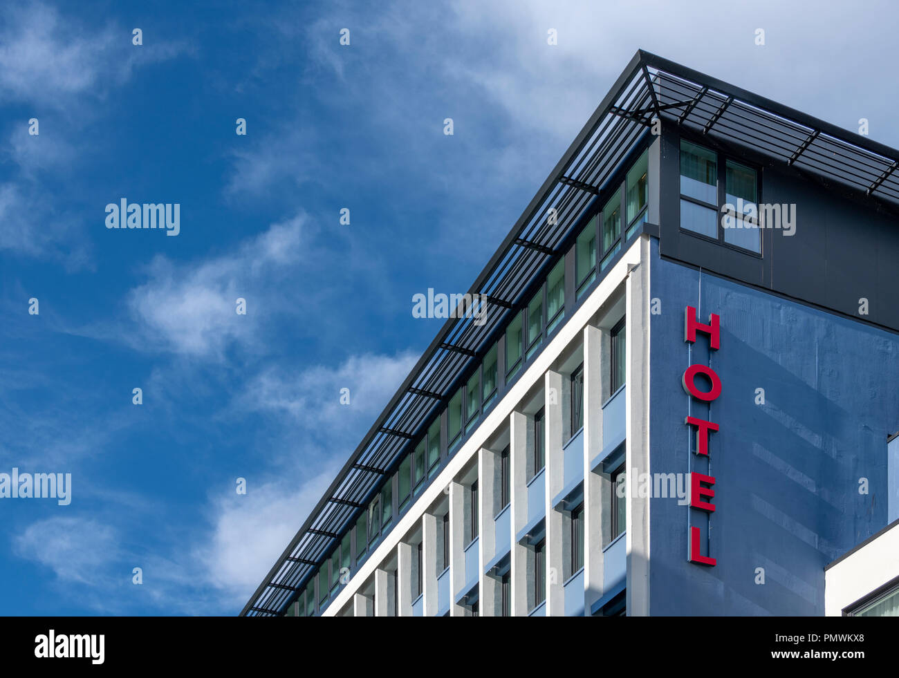 Thon Hotel, Stavanger. Red graphic sign saying HOTEL is really stylish. Stock Photo