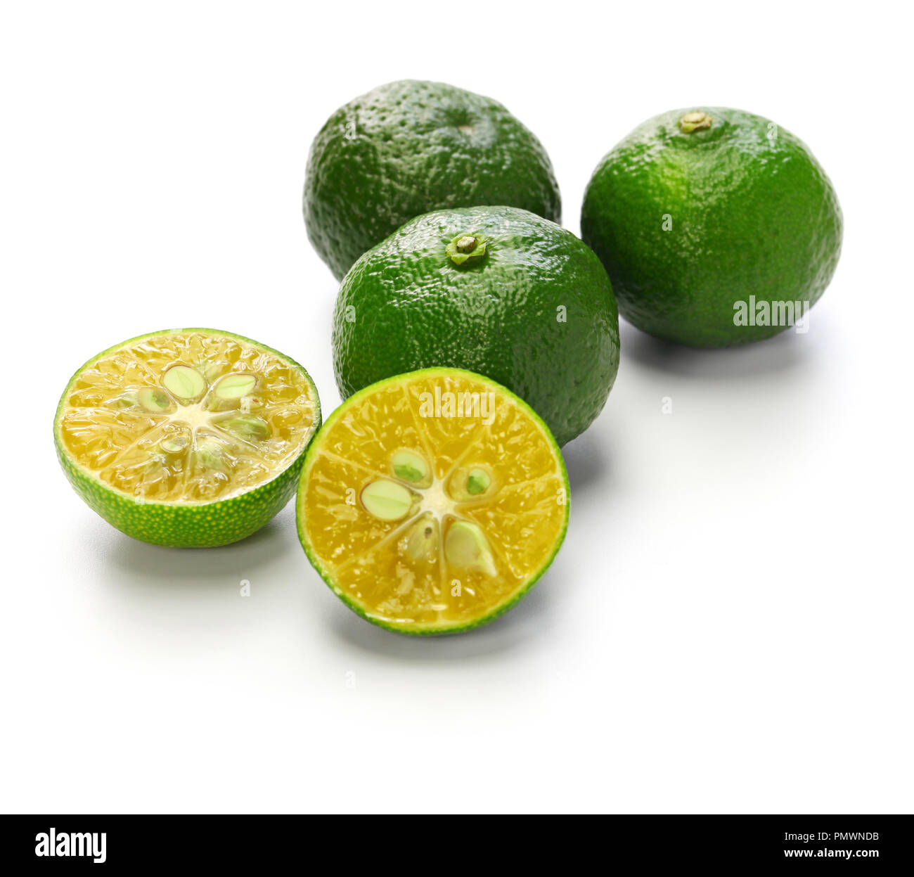 citrus depressa, taiwan tangerine,hirami lemon, thin skinned flat lemon isolated on white background Stock Photo