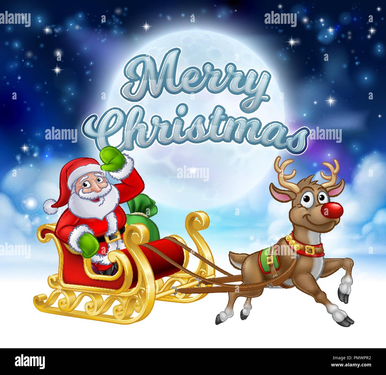 Merry Christmas Santa Sleigh Cartoon Graphic Stock Vector