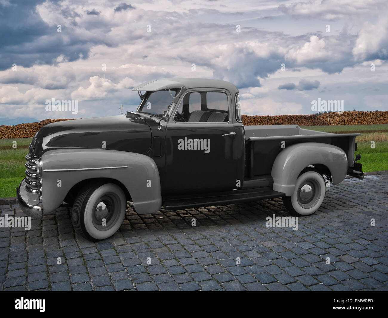 American classic car in light grey and dark grey with cabin and loading area Stock Photo