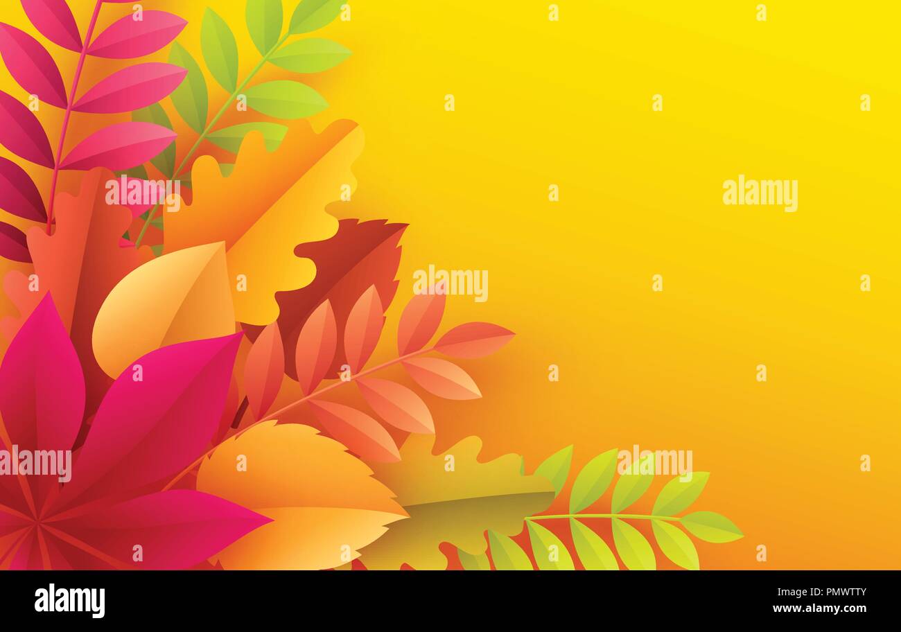 Paper autumn leaves colorful background. Trendy origami paper cut style vector illustration Stock Vector