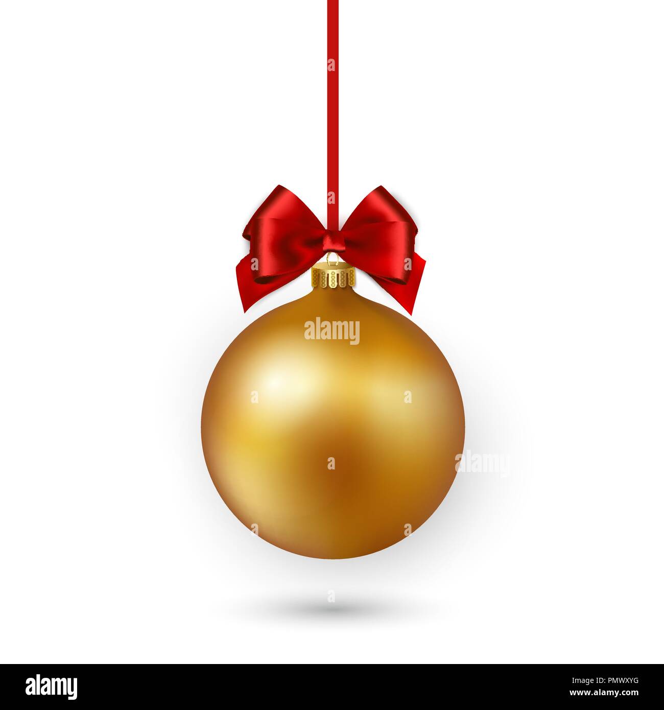 Gold Christmas ball with red ribbon and bow on white background. Vector ...