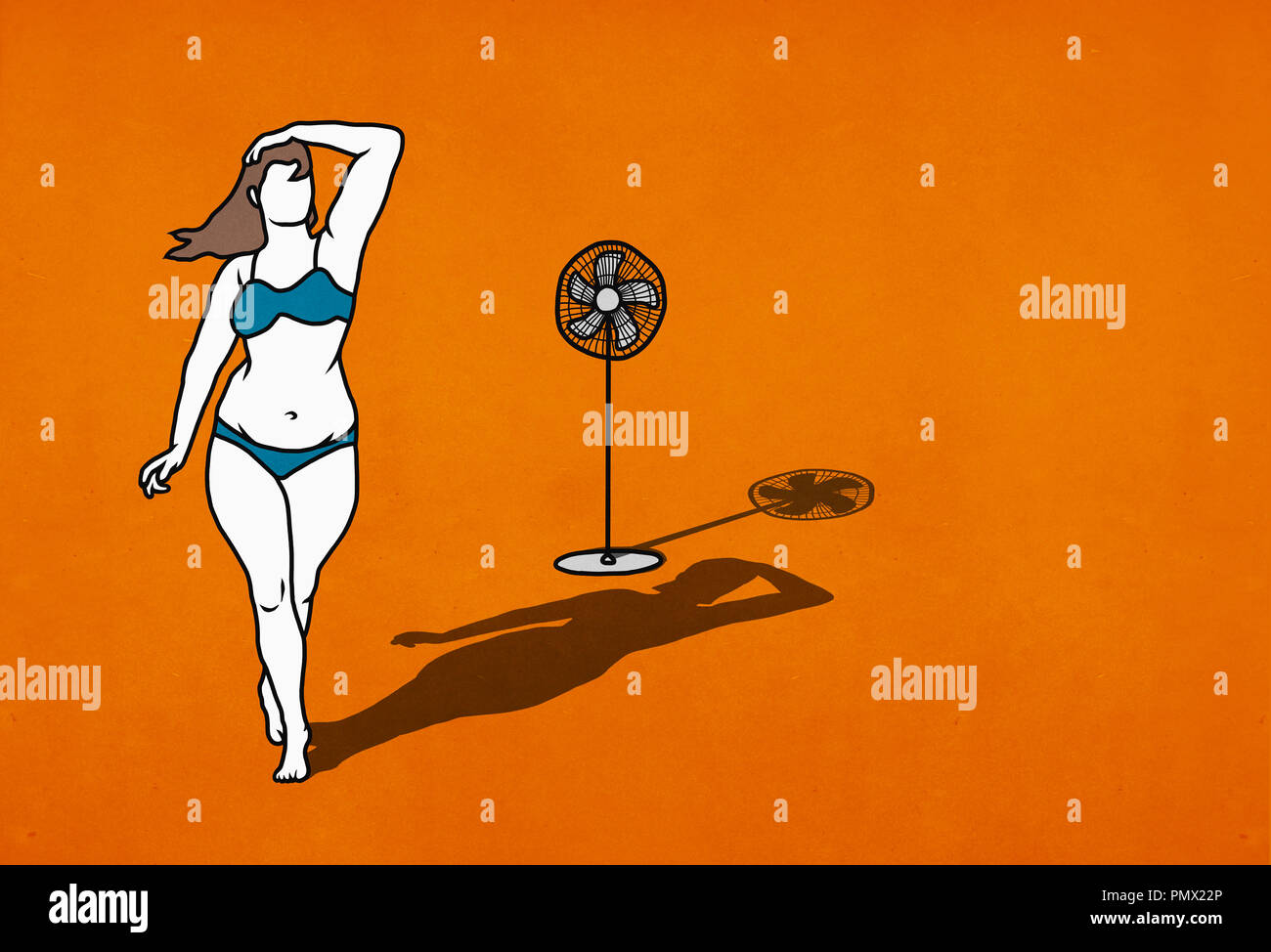 Overweight Woman In Bikini Standing In Front Of Fan On Orange