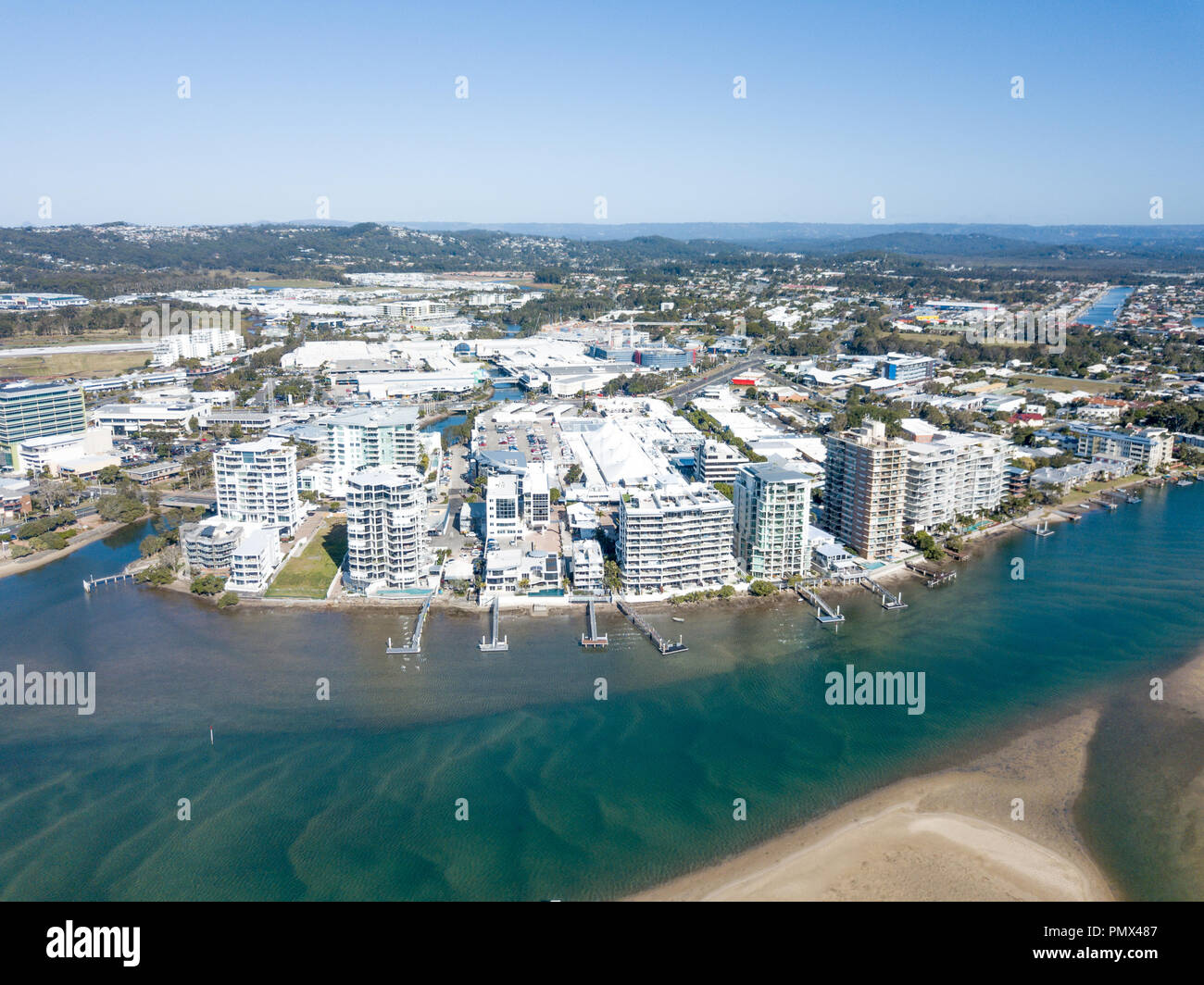 Maroochydore Aerial photograph showing the waterfront and city. Stock Photo