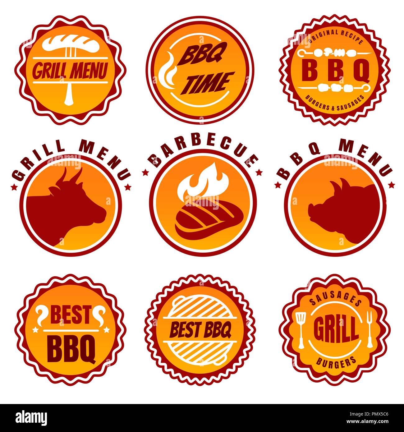 Bbq labels. Sausage on grill logo set, barbecue restaurant signs