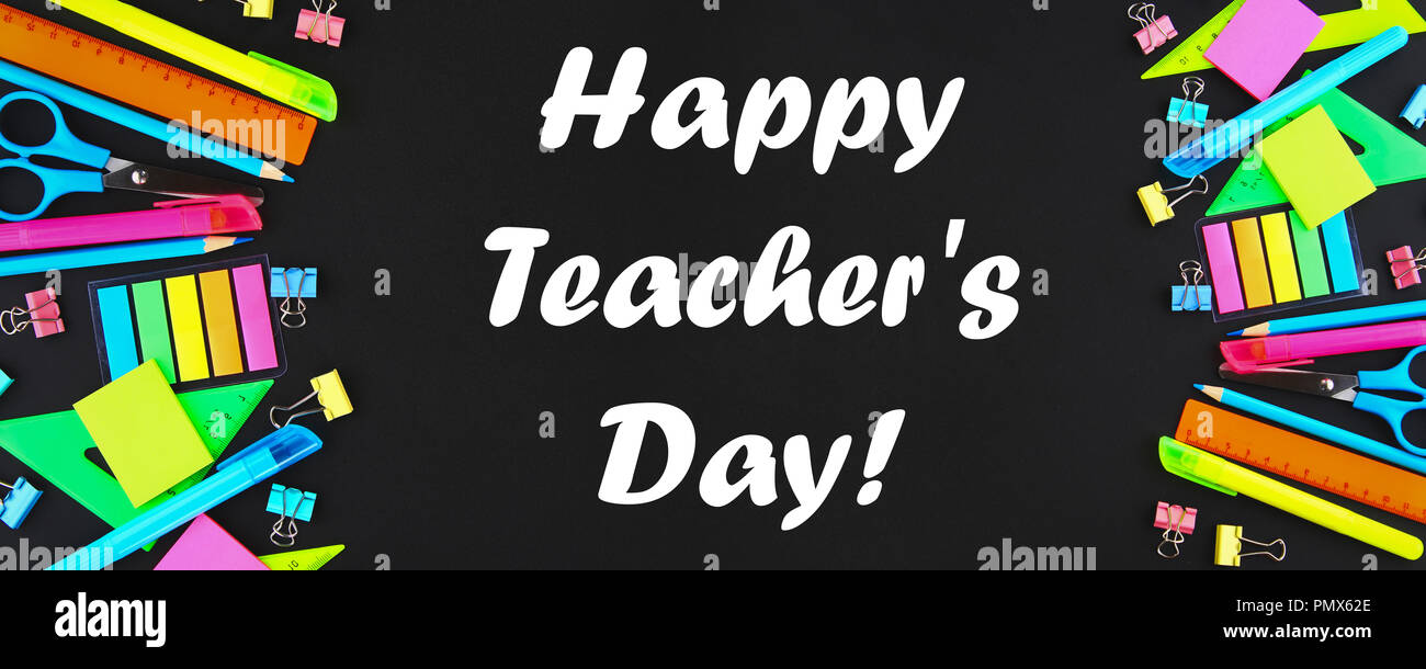 Happy Teachers Day. School supplies on blackboard background ready for ...